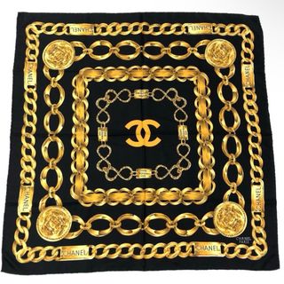 シャネル(CHANEL)のCHANEL シャネル ココマーク スカーフ 大判 シルク黒/ゴールド正規品本物(バンダナ/スカーフ)