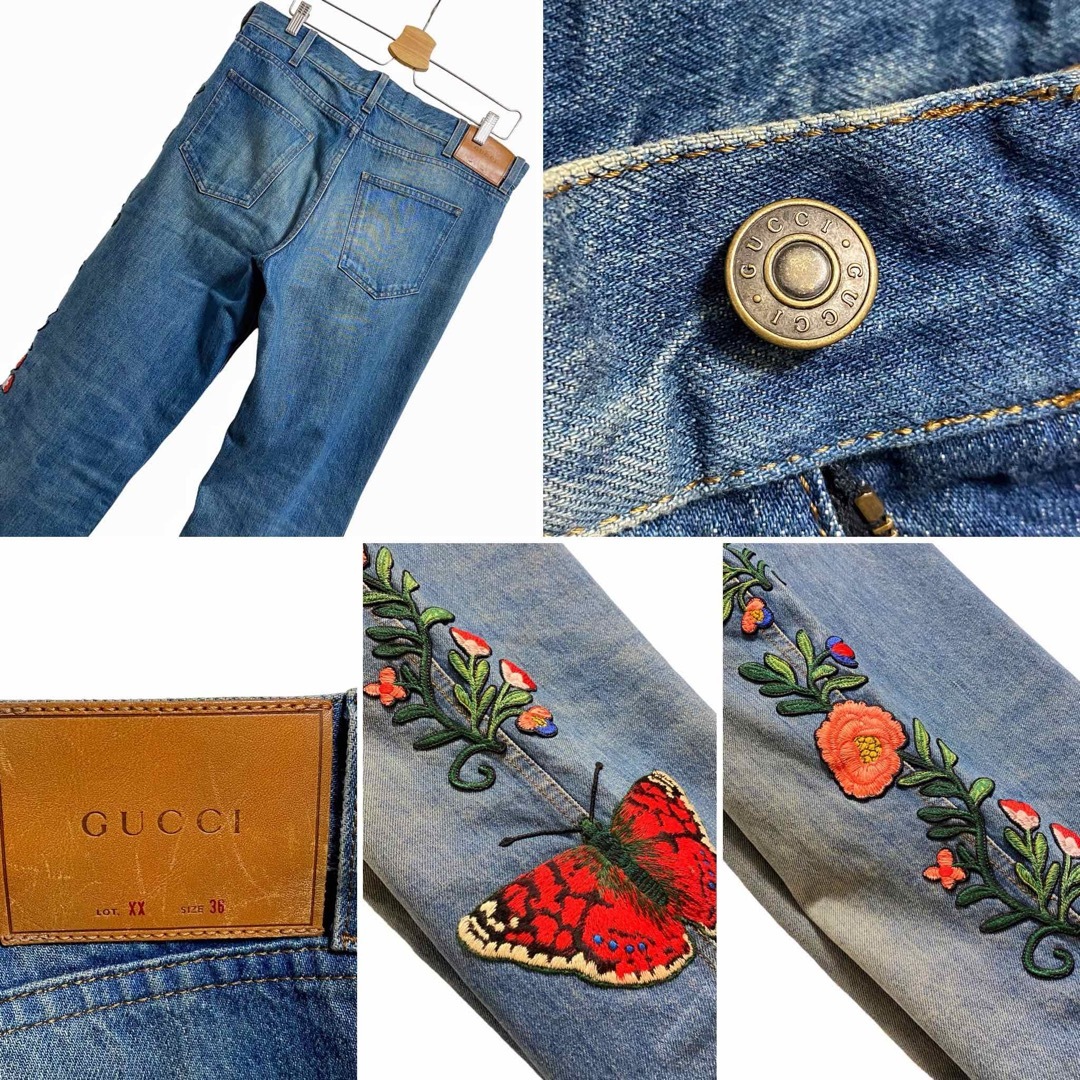 GUCCI - 【レア】GUCCI バタフライ フラワー 刺繍 デニム メンズ GUCCI - 【レア】GUCCI バタフライ フラワー 刺繍 デニム メンズ