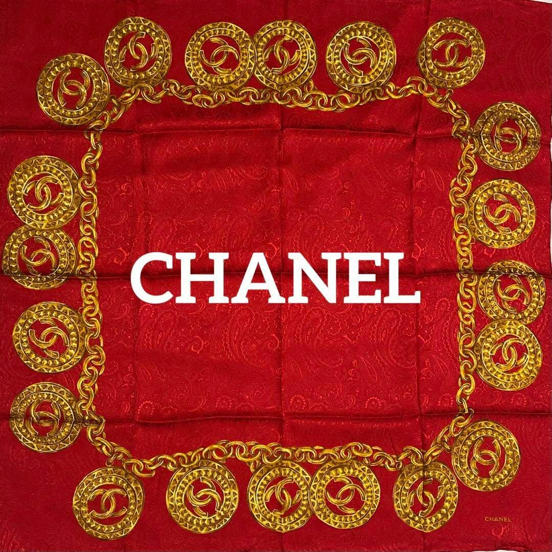 美品★CHANEL★スカーフ 大判 ココマーク チェーン メダル シルク レッド | フリマアプリ ラクマ