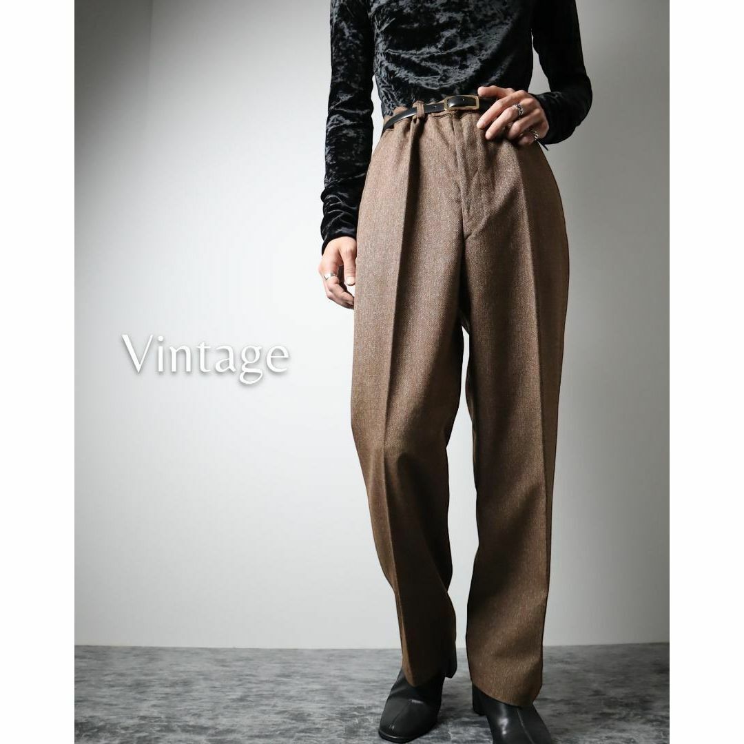 ART VINTAGE(アートヴィンテージ)の【vintage】メランジ ワイドストレート スラックス 茶 W37 釦フライ メンズのパンツ(スラックス)の商品写真