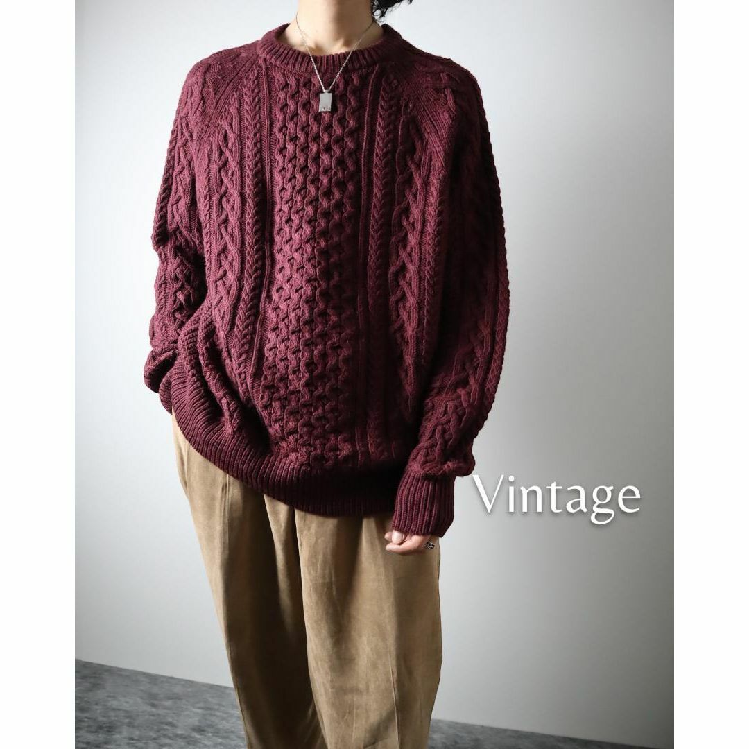 【vintage】メリノウール アラン ケーブル編み ラグラン ニット セーター古着屋arie✿K263