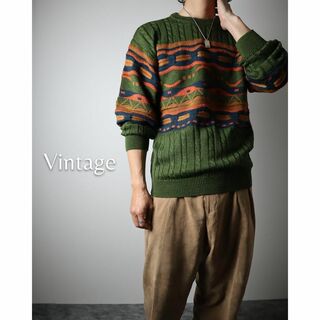 アートヴィンテージ(ART VINTAGE)の【vintage】3D 立体 総柄 デザイン ウール混 ニット セーター 緑系(ニット/セーター)