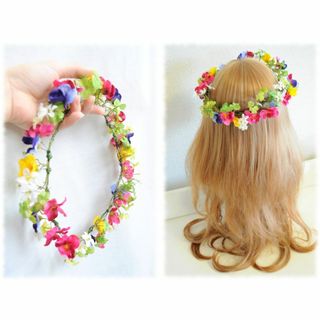 カラフルパンジーとクローバーの花かんむり(ヘアアクセサリー)