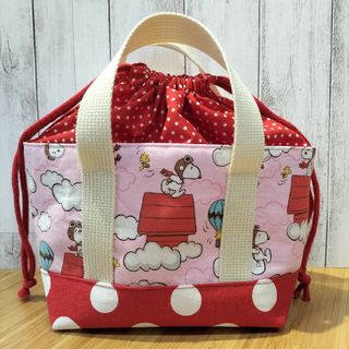 スヌーピー(SNOOPY)のSNOOPY　ピンク　巾着トートバッグ　ミニバック　お弁当袋　ハンドメイド(バッグ)