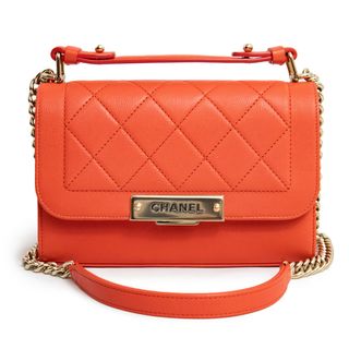 シャネル(CHANEL)のシャネル マトラッセ ラベルクリック シングルフラップ チェーンショルダー ハンドバッグ 2Way 斜め掛け カーフスキン レザー オレンジ ゴールド金具 A93701 CHANEL（未使用　展示品）(ショルダーバッグ)