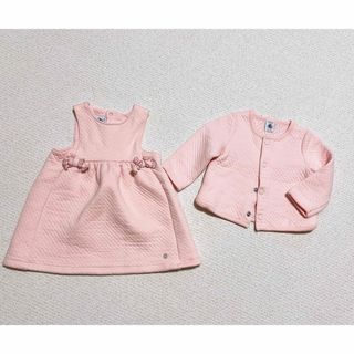 プチバトー(PETIT BATEAU)の美品★12mプチバトー　ワンピース&カーディガンセット　ベビーピンク　リボン74(ワンピース)