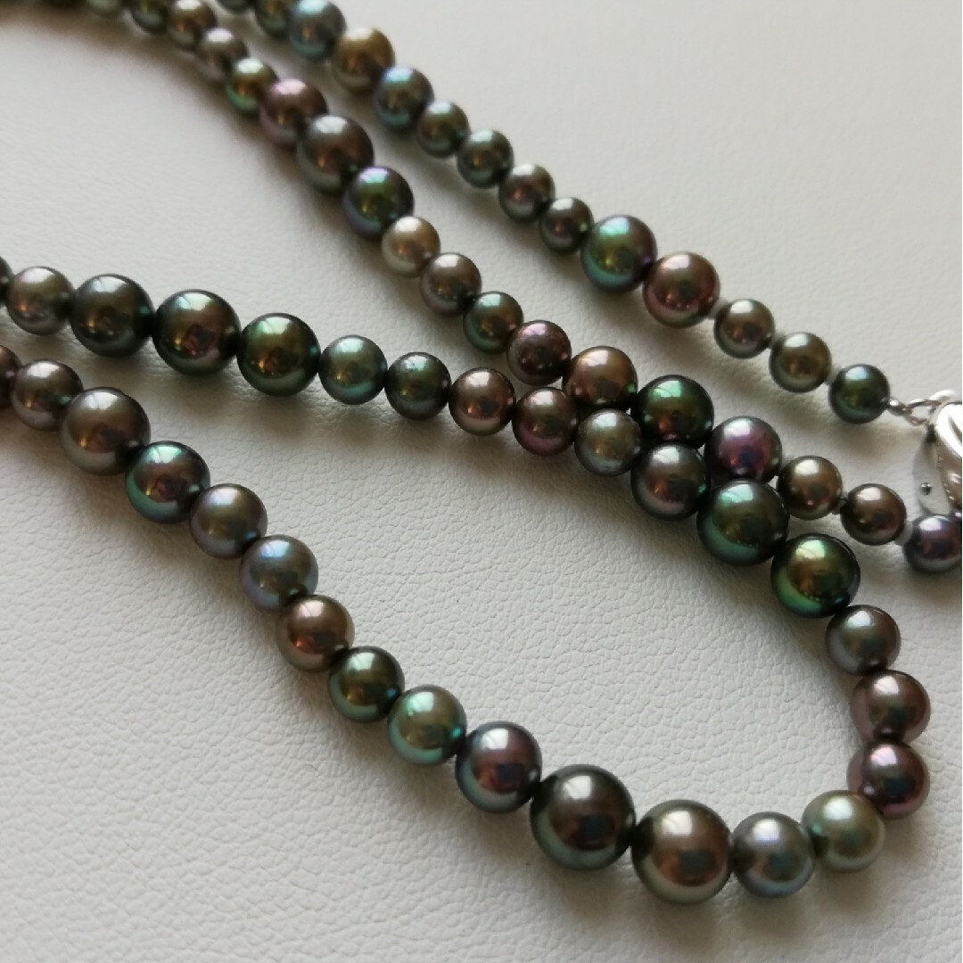 N201アコヤ真珠コバルト染めピーコック系マルチカラーネックレス4.0～6.0㎜