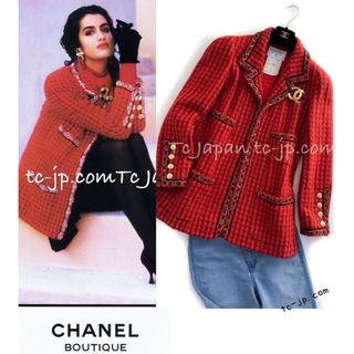 シャネル(CHANEL)のシャネル ジャケット CHANEL 貴重レア ヴィンテージ レッド キャンペーン広告 限定品 ビーズトリム ツイード 超美品 42 44(テーラードジャケット)