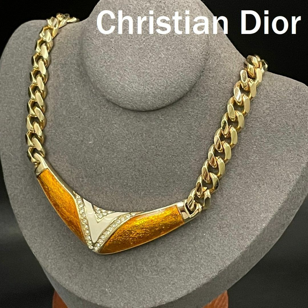 Christian Dior(クリスチャンディオール)のクリスチャン・ディオール ネックレス ゴールド オレンジ ラインストーン レディースのアクセサリー(ネックレス)の商品写真