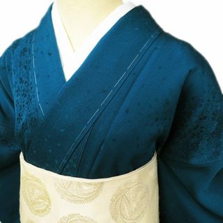 色無地 着物 未使用 正絹 袷 カジュアル 地模様 桜模様 銀通し 孔雀緑色 身丈156cm 裄68cm L トール きもの北條 A966-7(着物)