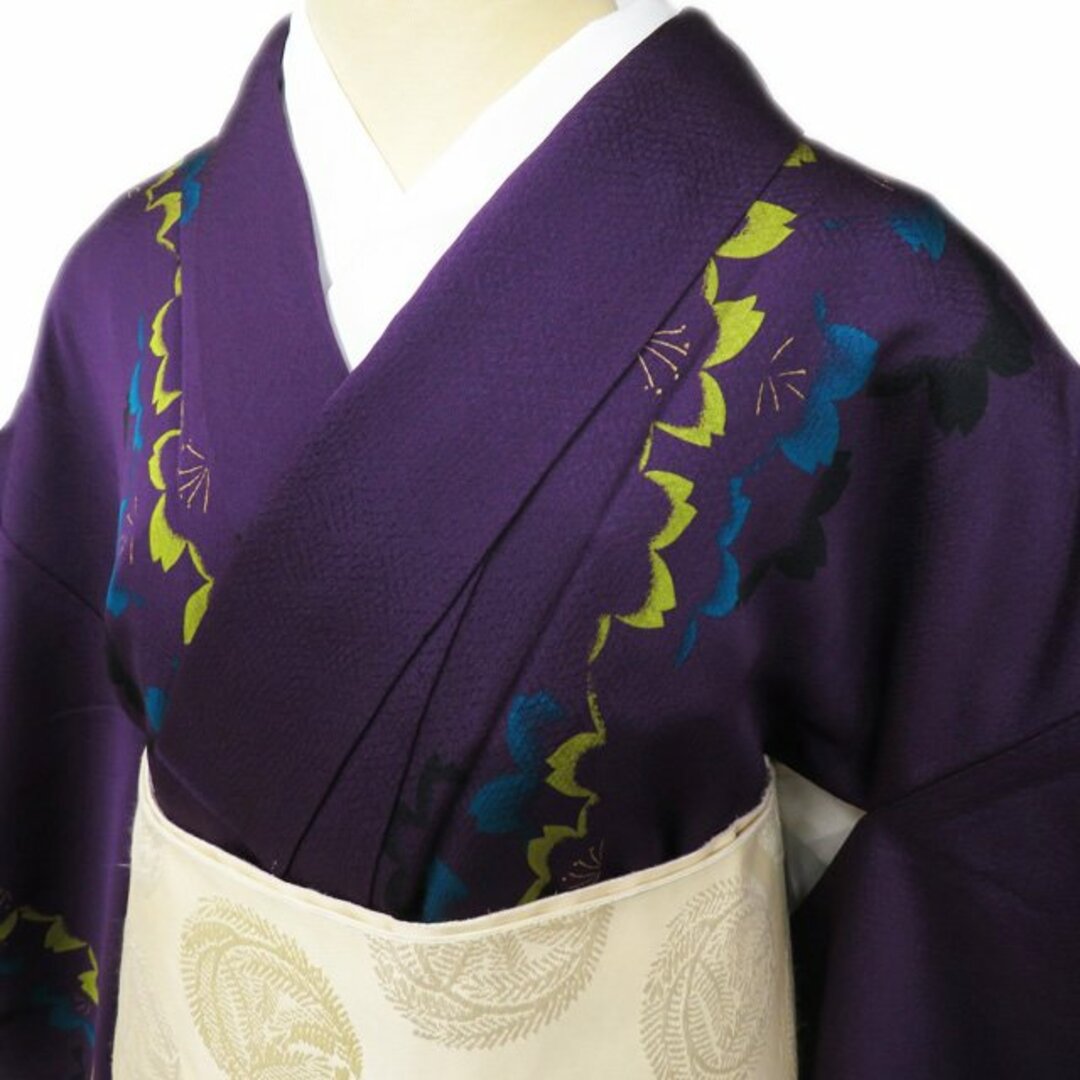小紋 着物 正絹 袷 カジュアル 桜模様 葡萄色 多色 身丈156.5cm 小紋 着物 正絹 袷 カジュアル 桜模様 葡萄色 多色 身丈156.5cm