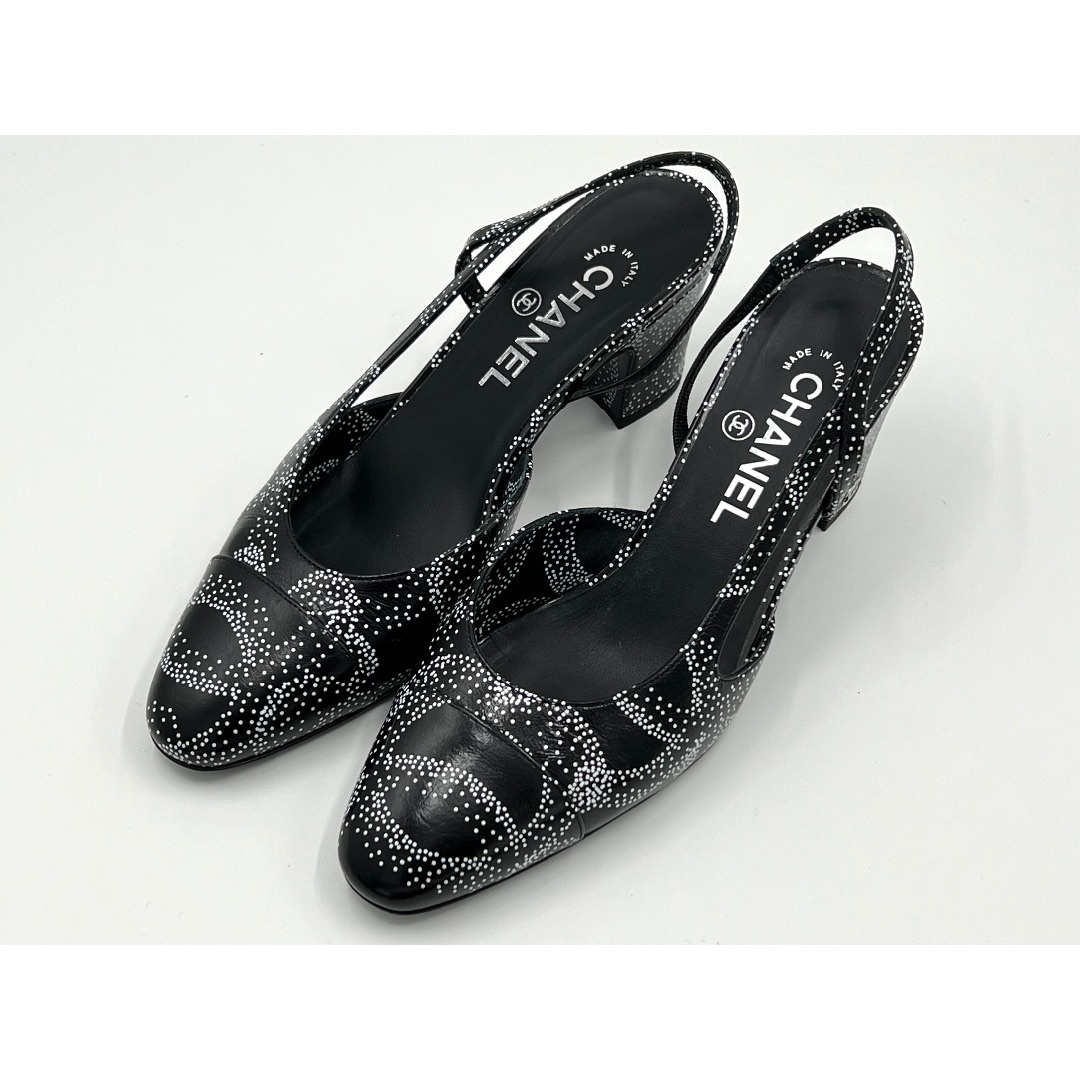 CHANEL - CHANEL シャネル レディース パンプス 靴 スリングバックスシューズ プリンテッド カーフスキン ブラック ホワイト サイズ：37.5 23K G31318 B14610 NS458 美品