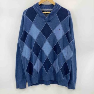 トミーヒルフィガー(TOMMY HILFIGER)のTOMMY HILFIGER メンズ トミーヒルフィガー ニット　アーガイル柄　ブルー系　Vネック　オーバーサイズ(ニット/セーター)