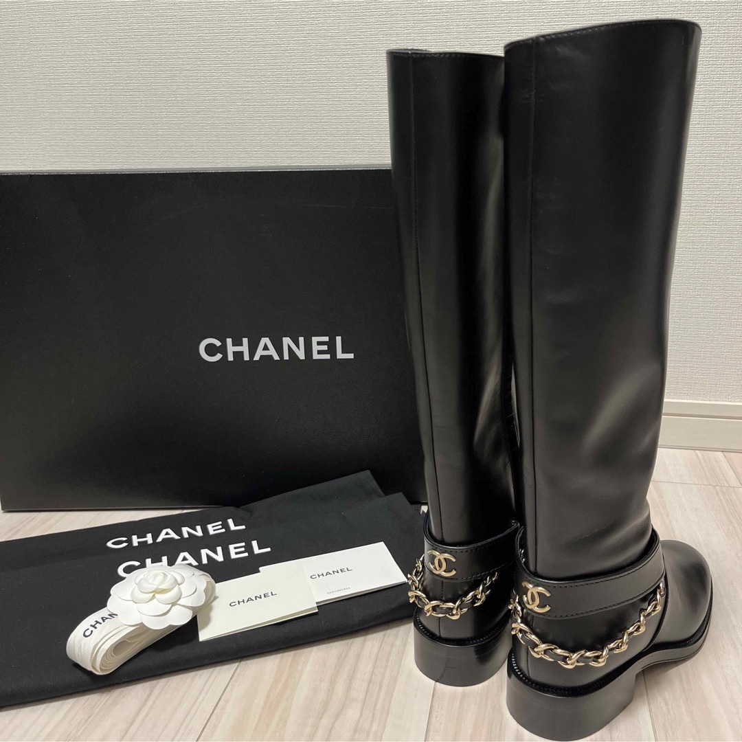 超キュート！ 美品 CHANEL シャネル チェーン ロングブーツ 37 黒 ブーツ