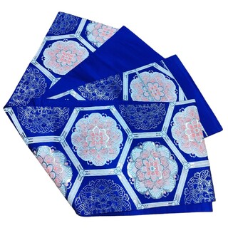袋帯ブルー振袖の帯420cm×31cmビビット唐花紋きっこう亀甲ピンク桃色青正絹(振袖)