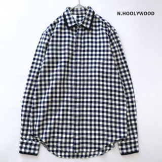 エヌハリウッド(N.HOOLYWOOD)のエヌハリウッド　ブロックチェック コットンシャツ　比翼ボタン　ネイビー　36(シャツ)