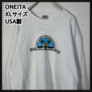 オニータ(ONEITA)の【オ二ータ】USA製スウェット　アニマル　猫　ヤシの木　白　ビンテージ１F(スウェット)