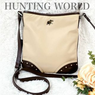 HUNTING WORLD ショルダーバッグ レザー HW柄 総柄 カーキ 茶