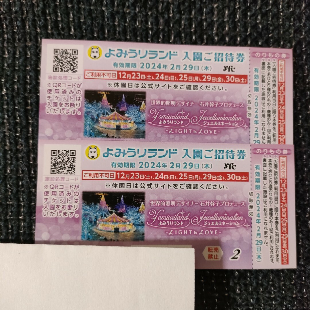 よみうりランド 入園ご招待券 のりもの券 2枚 有効期限:2024年2月29日