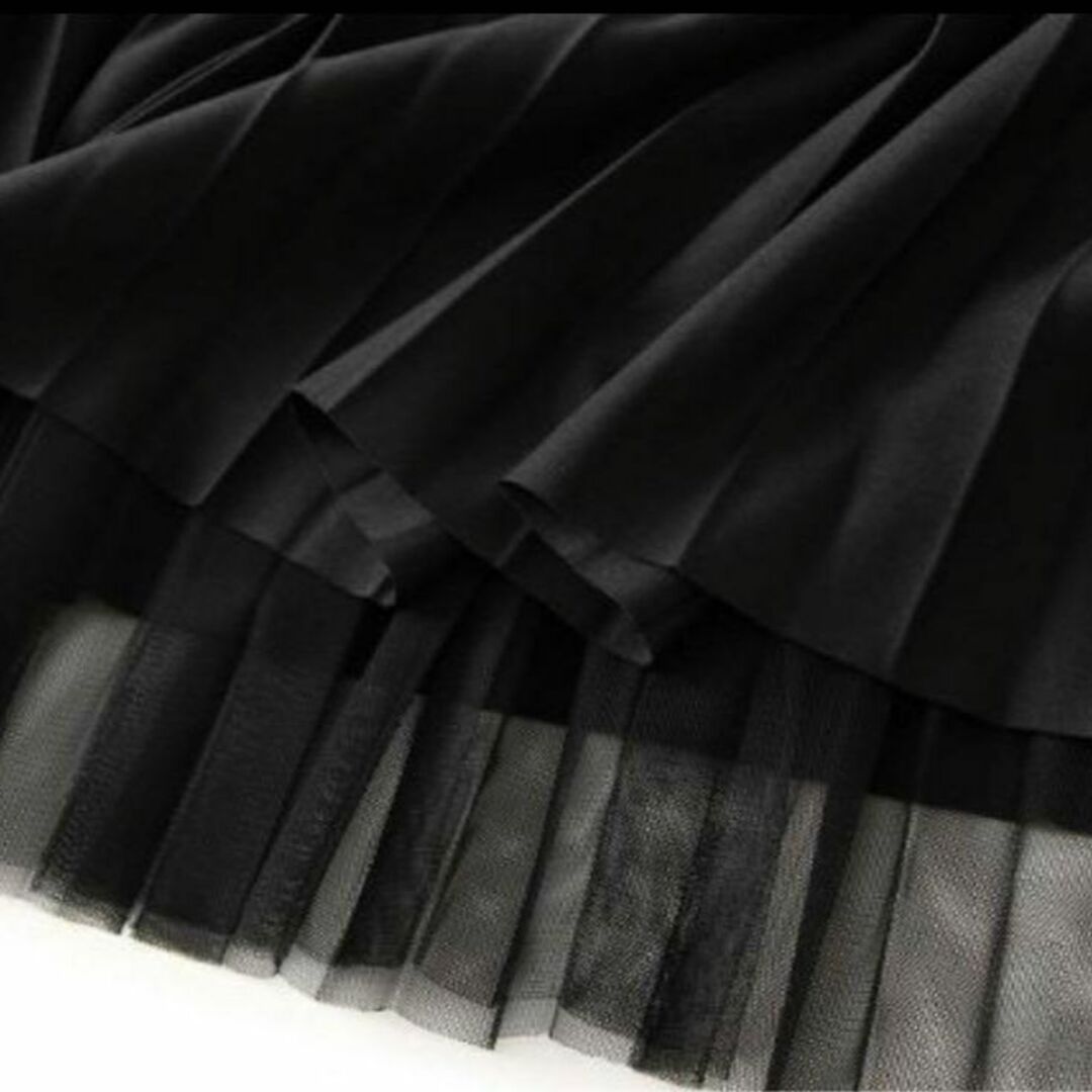 【再入荷】プリーツ チュール ロングスカート  ブラック ウエスト ゴム フリー レディースのスカート(ロングスカート)の商品写真