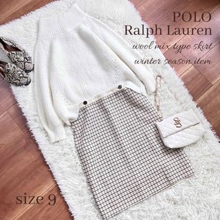 ポロラルフローレン(POLO RALPH LAUREN)の◆美品◆ポロラルフローレン◆ウール混チェック膝丈スカート◆暖か素材♪◆白◆M(ひざ丈スカート)