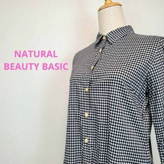 ナチュラルビューティーベーシック(NATURAL BEAUTY BASIC)のナチュラルビューティーベーシック(L)ギンガムチェック柄長袖シャツ黒白色(シャツ/ブラウス(長袖/七分))