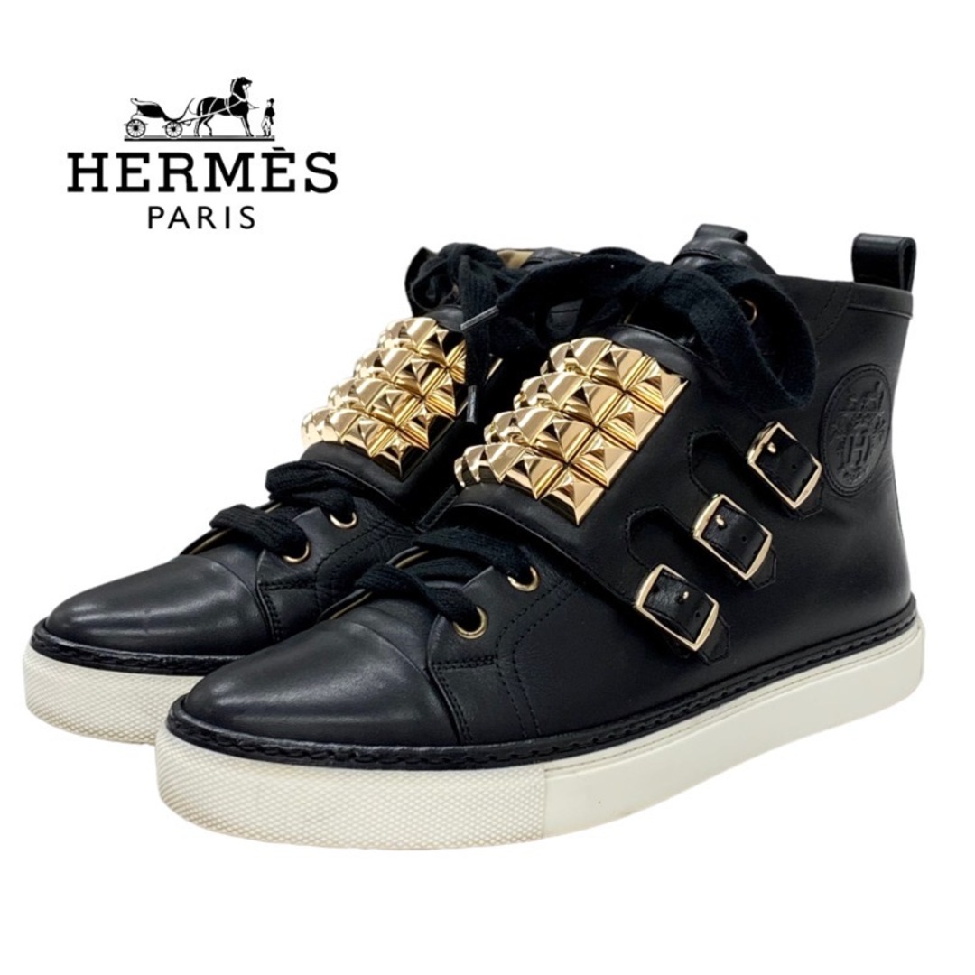 Hermes(エルメス)のエルメス HERMES レノックス スニーカー ハイカットスニーカー エクスリブリス スタッズ コリエドシアン レザー ブラック レディースの靴/シューズ(スニーカー)の商品写真