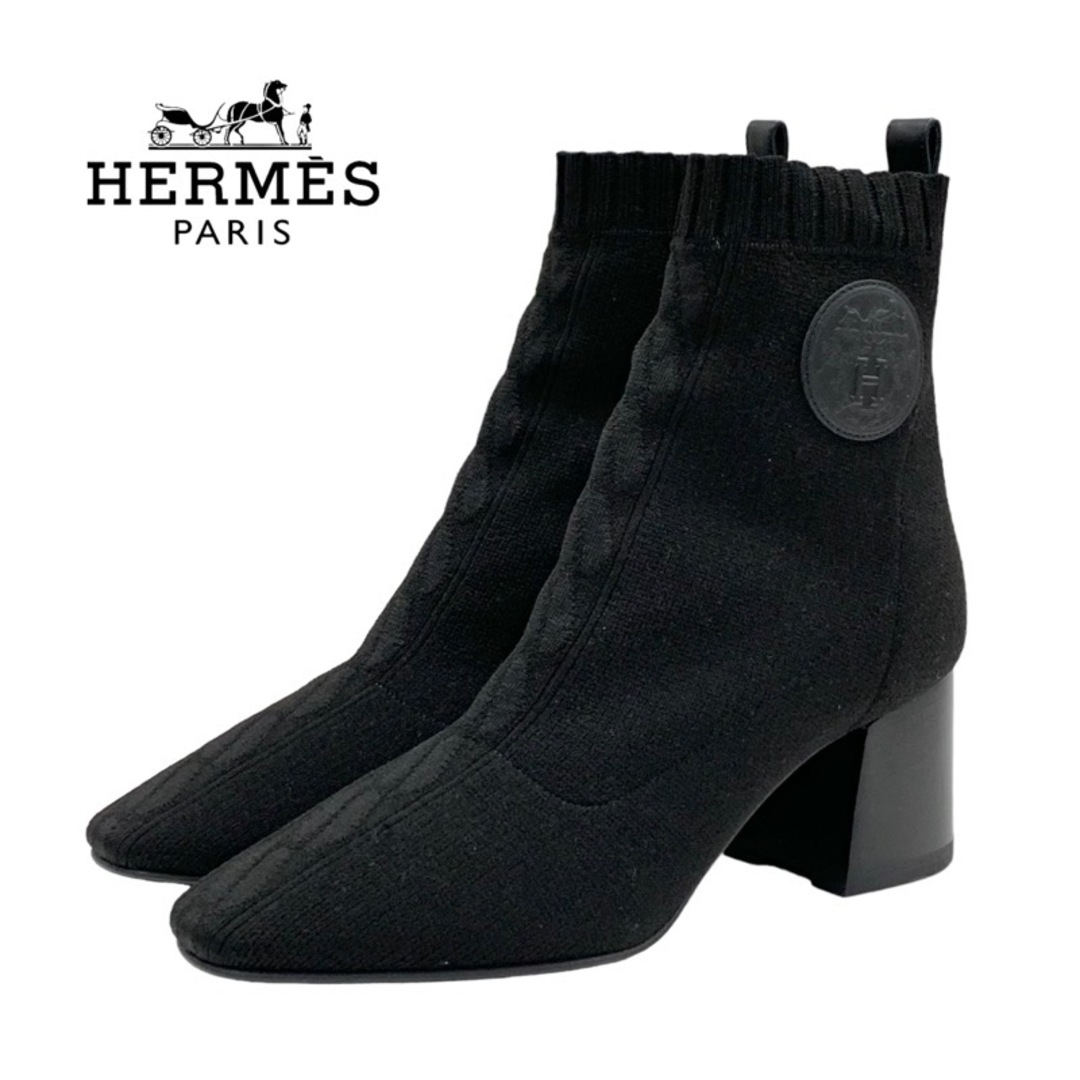備考未使用 エルメス HERMES ヴォルヴェール ブーツ ショートブーツ ソックスブーツ エクスリブリス ニット レザー ブラック 黒