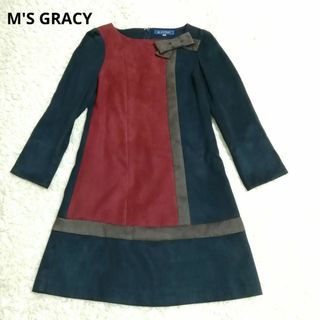 エムズグレイシー(M'S GRACY)の美品♡エムズグレイシー　長袖ワンピース　リボン　ベロア素材　マルチカラー　38(ひざ丈ワンピース)