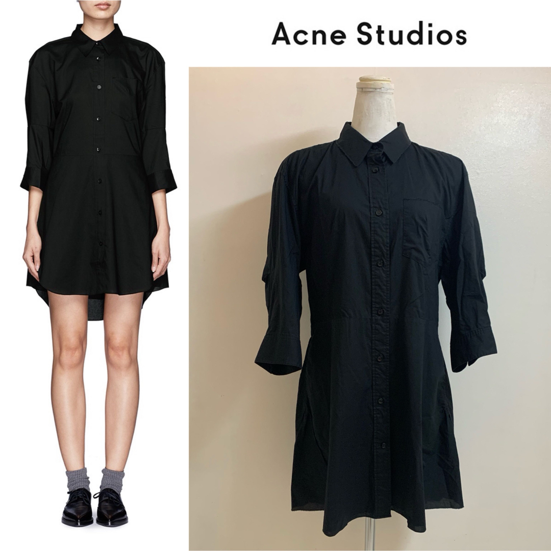 Acne Studios(アクネストゥディオズ)のAcne Studios DEE SOLID 7分袖 シャツワンピース ブラック レディースのワンピース(ひざ丈ワンピース)の商品写真