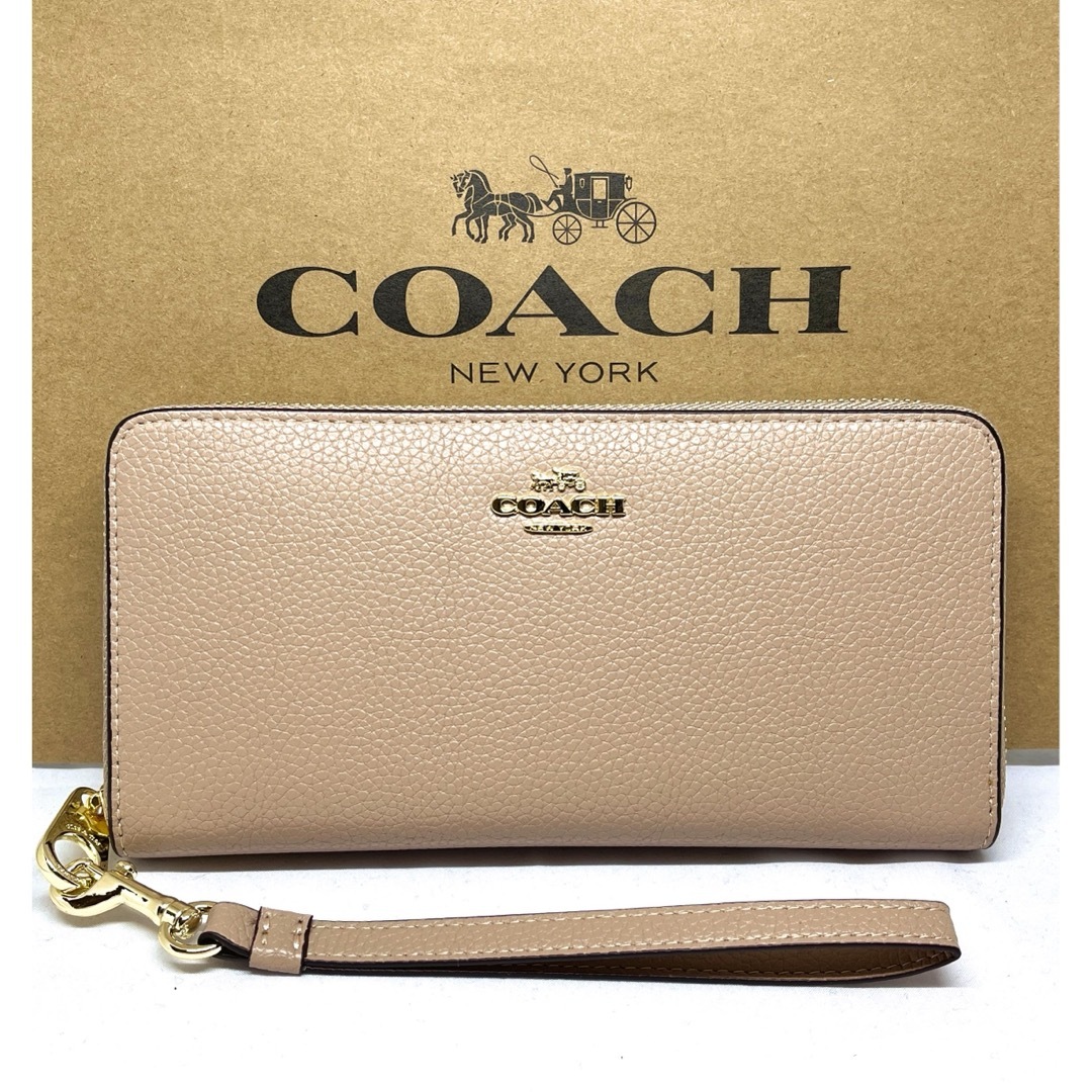 ゴールドCOACH コーチ　ストラップ付き　長財布　ベージュ