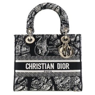ディオール(Dior)の【Dior】クリスチャンディオール LADY D-LITE ミディアム プラン ドゥ パリ エンブロイダリー M0565OOMP_M993 コットン 黒 レディース ハンドバッグ(ハンドバッグ)