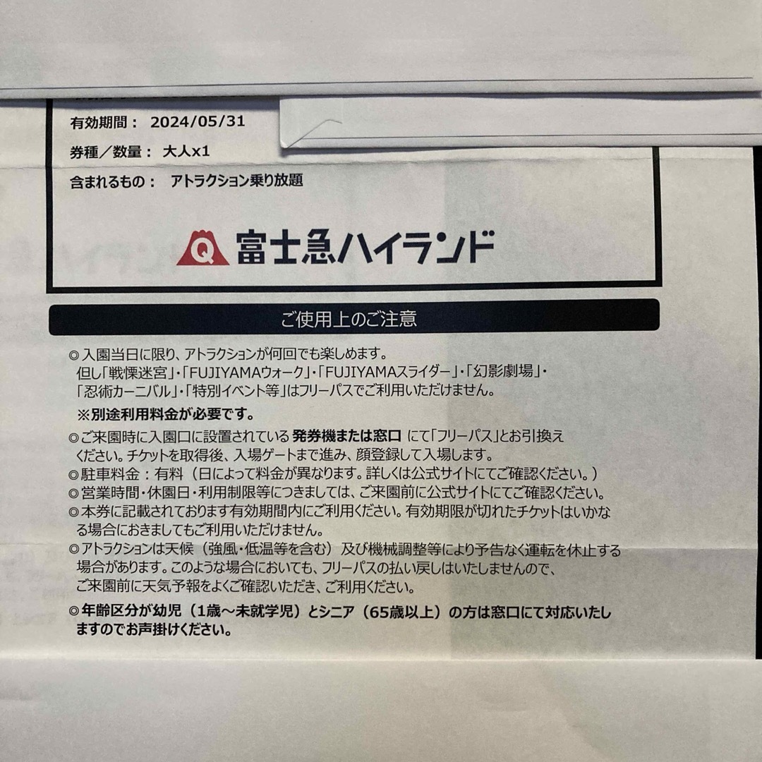 よろしくお願いします富士急ハイランド フリーパス大人 ペアチケット 有効期間2024/05/31