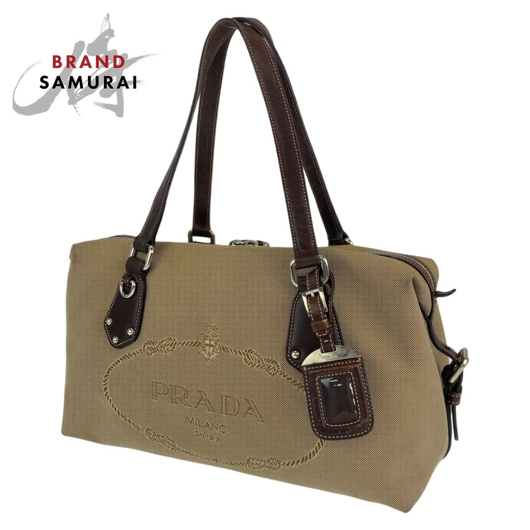 PRADA プラダ ロゴジャガード ベージュ ブラウン 茶 シルバー金具 キャンバス レザー BR3461 ハンドバッグ トートバッグ レディース 404303ファスナー内側