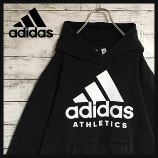 アディダス(adidas)の【オーバーサイズ】アディダス　センターデカロゴパーカー　裏起毛　黒　A689(パーカー)