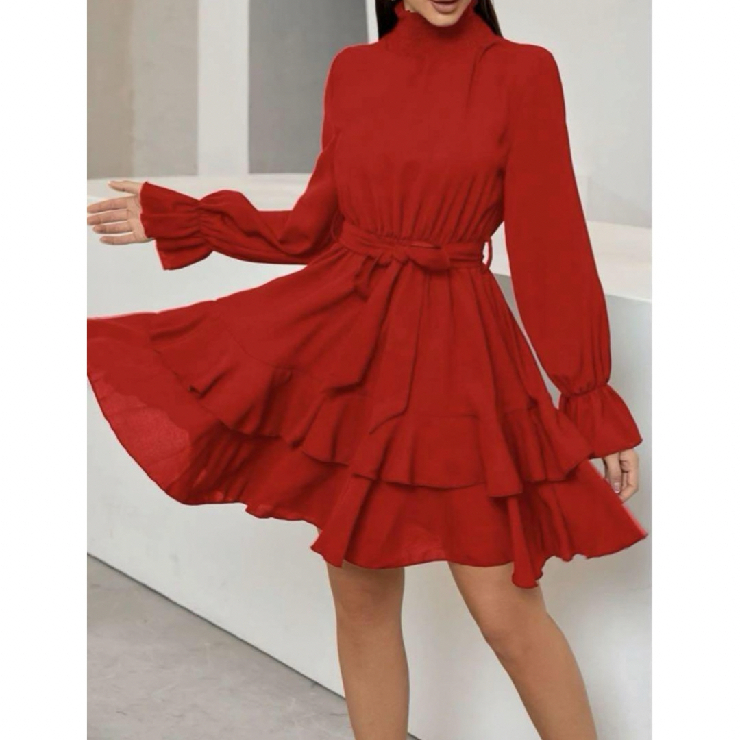 SHEIN(シーイン)の赤 真っ赤 フリル ドレス ワンピース リボン Aライン NANA 膝上丈 上品 レディースのワンピース(ひざ丈ワンピース)の商品写真