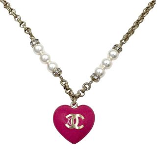 シャネル(CHANEL)のCHANEL シャネル ネックレス リバーシブル ハート アジャスター付き ココマーク ココ アクセサリー GP  フェイクパール  ラインストーン  ゴールド ピンク レディース 約25.3g 美品【中古品】(ネックレス)