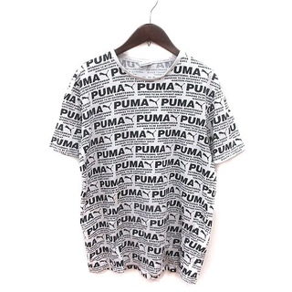 プーマ(PUMA)のプーマ Tシャツ カットソー クルーネック 総柄 半袖 L 白 ホワイト 黒(Tシャツ/カットソー(半袖/袖なし))