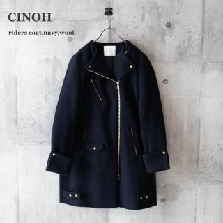 【CINOH】チノ　ライダースコート　ジップアップ　ウール　日本製　ネイビー