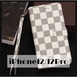 チェック柄 手帳型 iPhoneケース iPhone12/12Pro ホワイト(iPhoneケース)