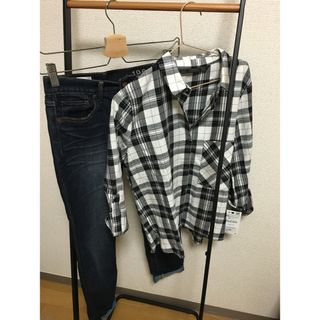 ザラ(ZARA)のzara  2way  ロールアップチェックシャツ　ブラック系　新品(シャツ/ブラウス(長袖/七分))