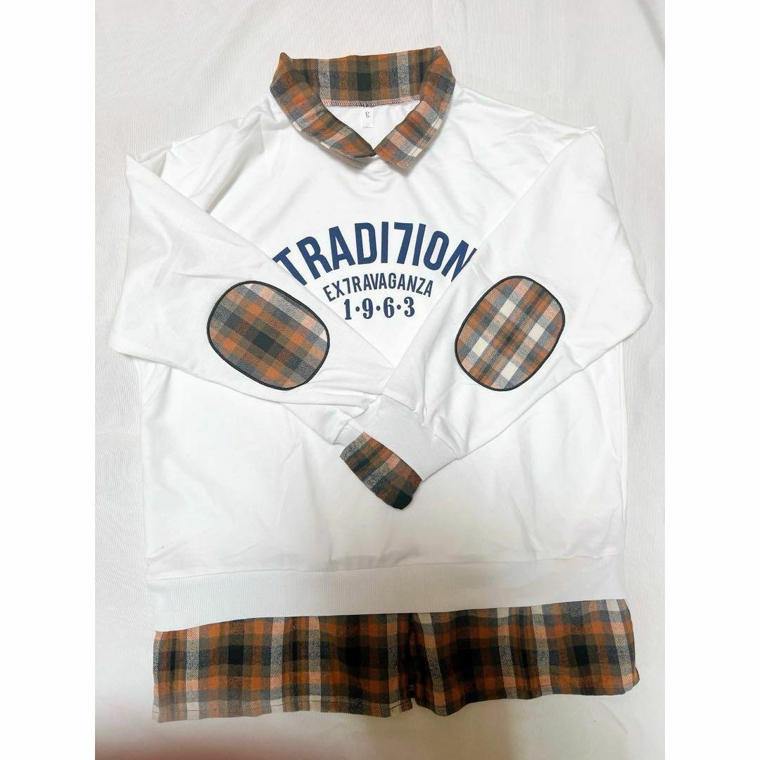 重ね着風　トレーナー　チェックシャツ　オーバーサイズ　白　韓国ファッション レディースのトップス(トレーナー/スウェット)の商品写真
