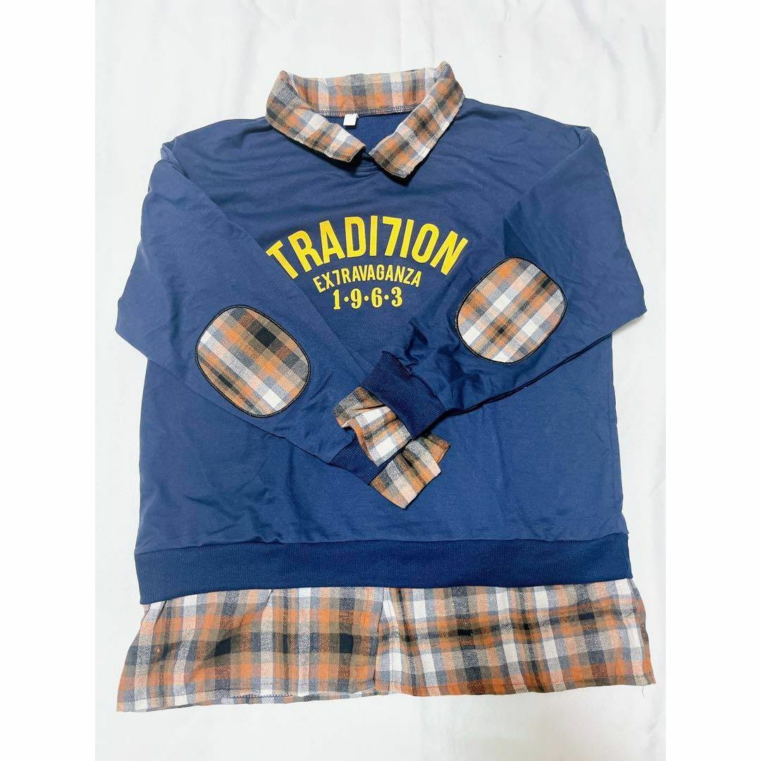 重ね着風　トレーナー　チェックシャツ　韓国ファッション　ネイビー　オーバーサイズ レディースのトップス(トレーナー/スウェット)の商品写真