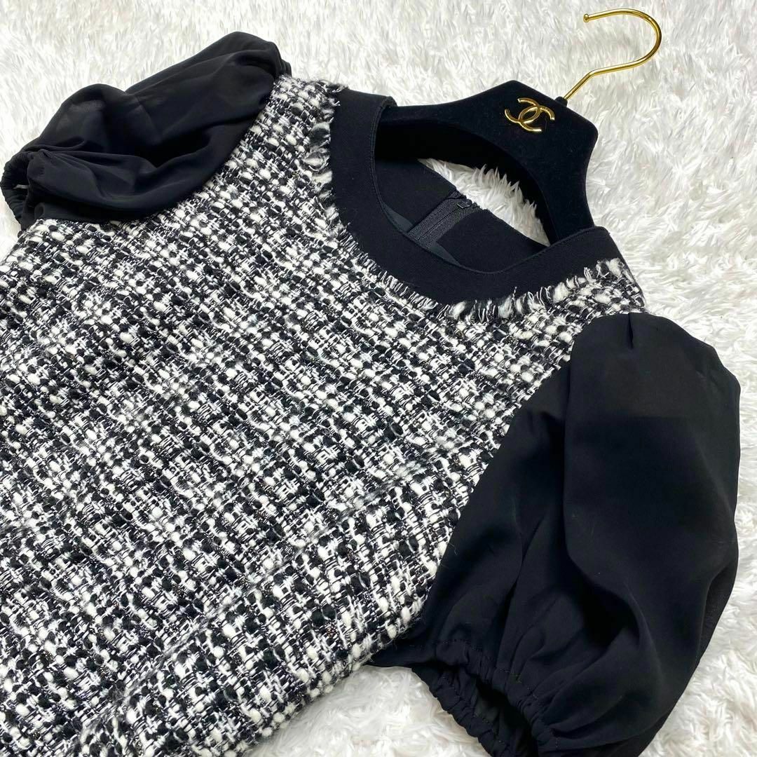 極美品✨FOXEY ツイード ワンピース ひざ丈 ニット シフォン 40 黒 極美品✨FOXEY ツイード ワンピース ひざ丈 ニット シフォン 40 黒