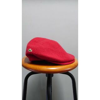 ラコステ(LACOSTE)のLACOSTE ニット ハンチング レッド 57cm ロゴワッペン 帽子 日本製(ハンチング/ベレー帽)