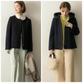 アーバンリサーチ(URBAN RESEARCH)の美品◇アーバンリサーチ　2way 比翼ウールコート　ノーカラー＆フード　黒(ノーカラージャケット)