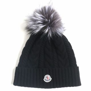 モンクレール(MONCLER)の美品▼19AW MONCLER モンクレール BERRETTO フォックスファー・ロゴワッペン付き ウール×カシミヤ ケーブルニットキャップ/帽子 ブラック(ニット帽/ビーニー)