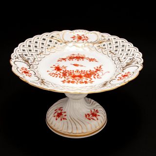 マイセン(MEISSEN)のマイセン 金彩 インドの華 珊瑚朱色 透かしコンポート 21x13.5センチ(陶芸)