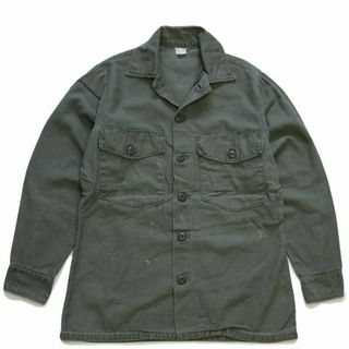 ミリタリー(MILITARY)の70s 米軍 U.S.ARMY コットンサテン ユーティリティシャツ ペンキ飛び オリーブグリーン 14.5★B ビンテージ ミリタリー ワッペン(シャツ)