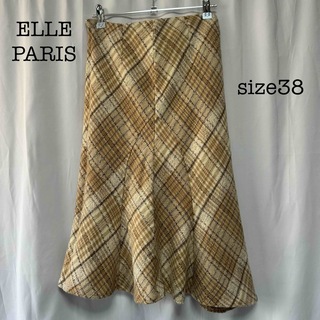 エル(ELLE)のELLE PARIS チェック柄フレアスカート サイズ38 日本製(ひざ丈スカート)
